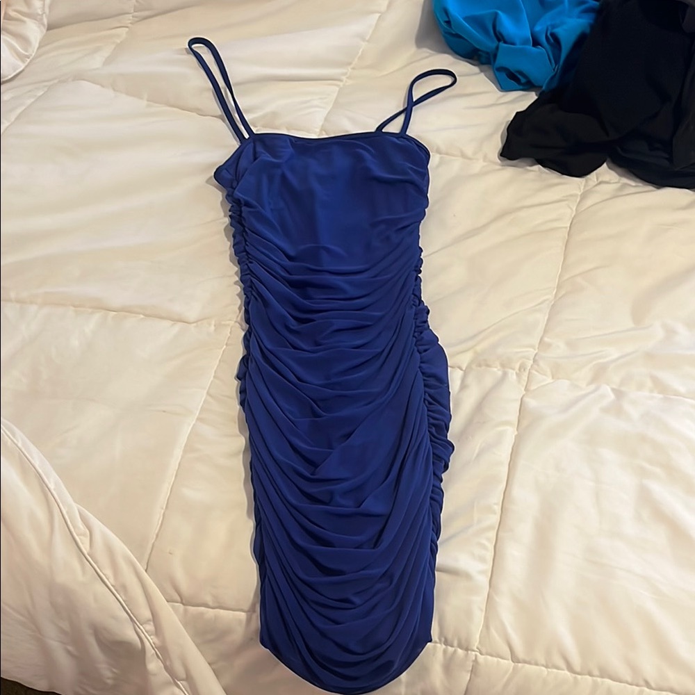 Amazon Blue Ruched Bodycon Mini Dress Spaghetti Strap